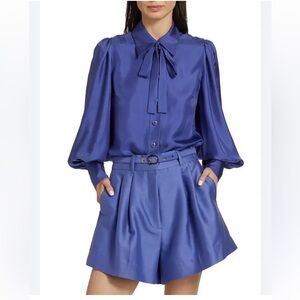 Zimmermann Natura Silk Tie-Neck Blouse in Lapis size us 4